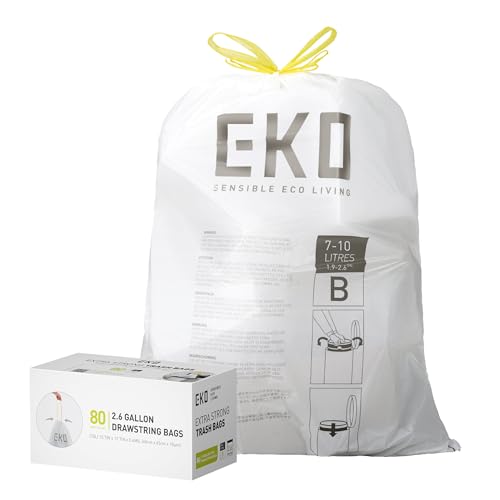 Image of EKO 2.6 Gallon / 7-10 Liter, 80 Count Small Drawstring Trash Bags, Extra-Strong Unscented Garbage Bags, Easy-Dispense Roll for Kitchen & Household Use, Resists Tears, Leaks and Punctures, Code B White