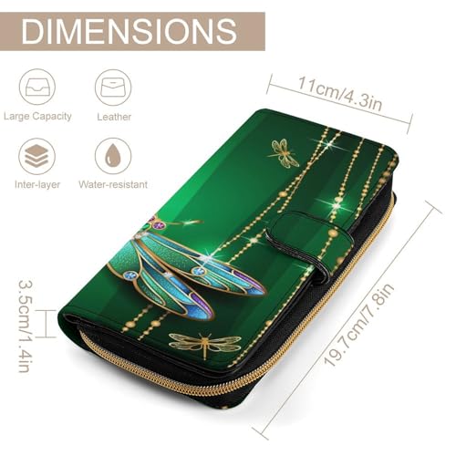 Nugier Women Soft PU Leather Wallet, Zipper Card Case Clutch Credit Bills Money Crash Coin 7.8x4.3x1.4 in Holder Purse Print Green Style Dragonfly Glaring Stars2