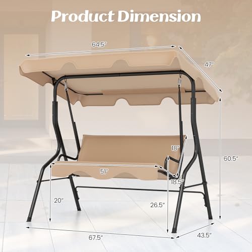 Image of Tangkula 3 Person Porch Swing, Patio Swing with Removable Cushion & Powder-Coated Steel Frame, Outdoor Swing with Canopy for Porch, Backyard, Garden, Balcony (Beige)