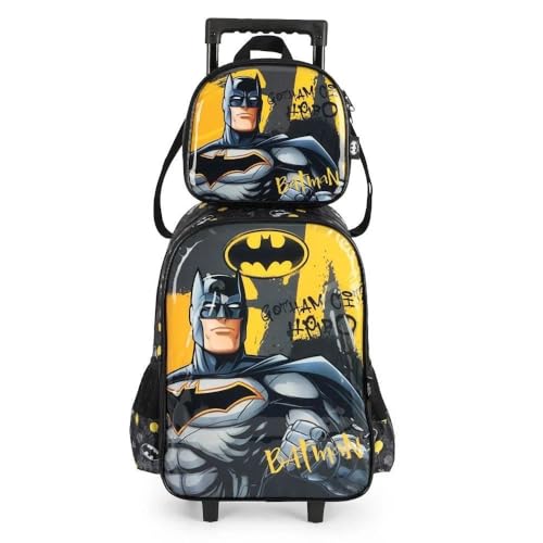 Kit Mochila De Rodinha Batman Face Preto +Lancheira Luxcel