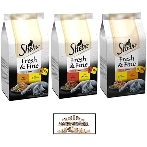 UbiPet Poultry Flavour Sheba Fresh and Fine Wet Cat Food pouches (total of 18 sachets x 50g) Chicken-Turkey-Beef (Jelly and Gravy) Bundled with a Info Allergenic Card Cover