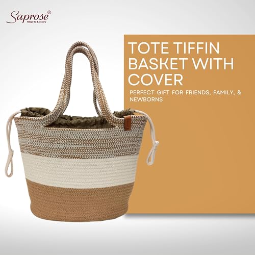 Image of SAPROSE Polypropylene Tote Tiffin Basket With Cover Carry Bag, Storage Basket, Picnic Basket, Lunch Bag, Tiffin Basket, Handbag for Lunch Box and Water Bottle, (29 x 18 x 28 cm) (Beige)