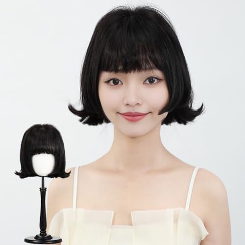 Rebecca Youth ウィッグ 女装 レディース ショート エアーバング ストレートカット エンドカール 軽やかで遊び心ある 自然 通気 女性用 手植え (黒茶色, 25CM)