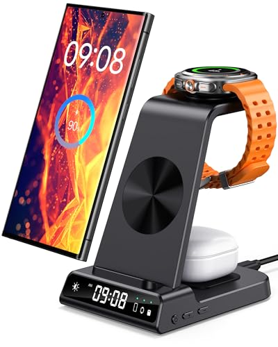 Cargador Inalámbrico para Samsung, Estación de Carga Inalámbrica 3 en 1 para Samsung S25/S24/S23/Z Flip/Z Fold, Wireless Charger para Galaxy Watch 8/Ultra/7/6/5, Galaxy Buds 4/4 Pro (Sin Adaptador)
