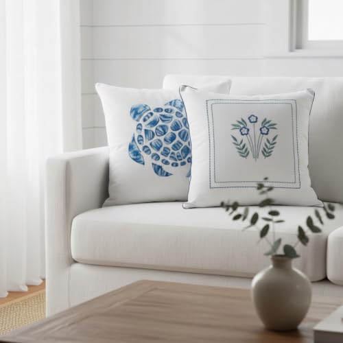 Image of Coastal Essence White & Blue Embroidered Cushion Cover Set of 2