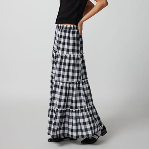 Women's Vintage Plaid Maxi Skirt Mopping Floor Length Big Hem Ruffled Tiered Long Skirt Gingham A Line Skirt4
