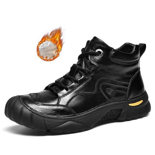 Zeberfi Men's Warm Fur Lined Leather Snow Boots Winter Casual Trekking Anti-Slip Waterproof Lace Up Round Toe Backpacking Boots Lightweight Outdoor Hiking Ankle Work Boots (Black,10)