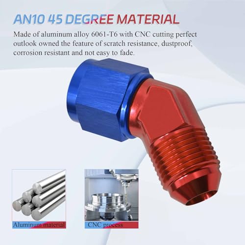 FYWZ AN10 Fuel System Fittings, Aluminum 10AN Female to AN10 Male Flare 45 Degree Swivel Fitting Adapter for Oil Pump/Fuel Pump/Filters/Water/Air Line -Blue-Red-2 PC - Image 5