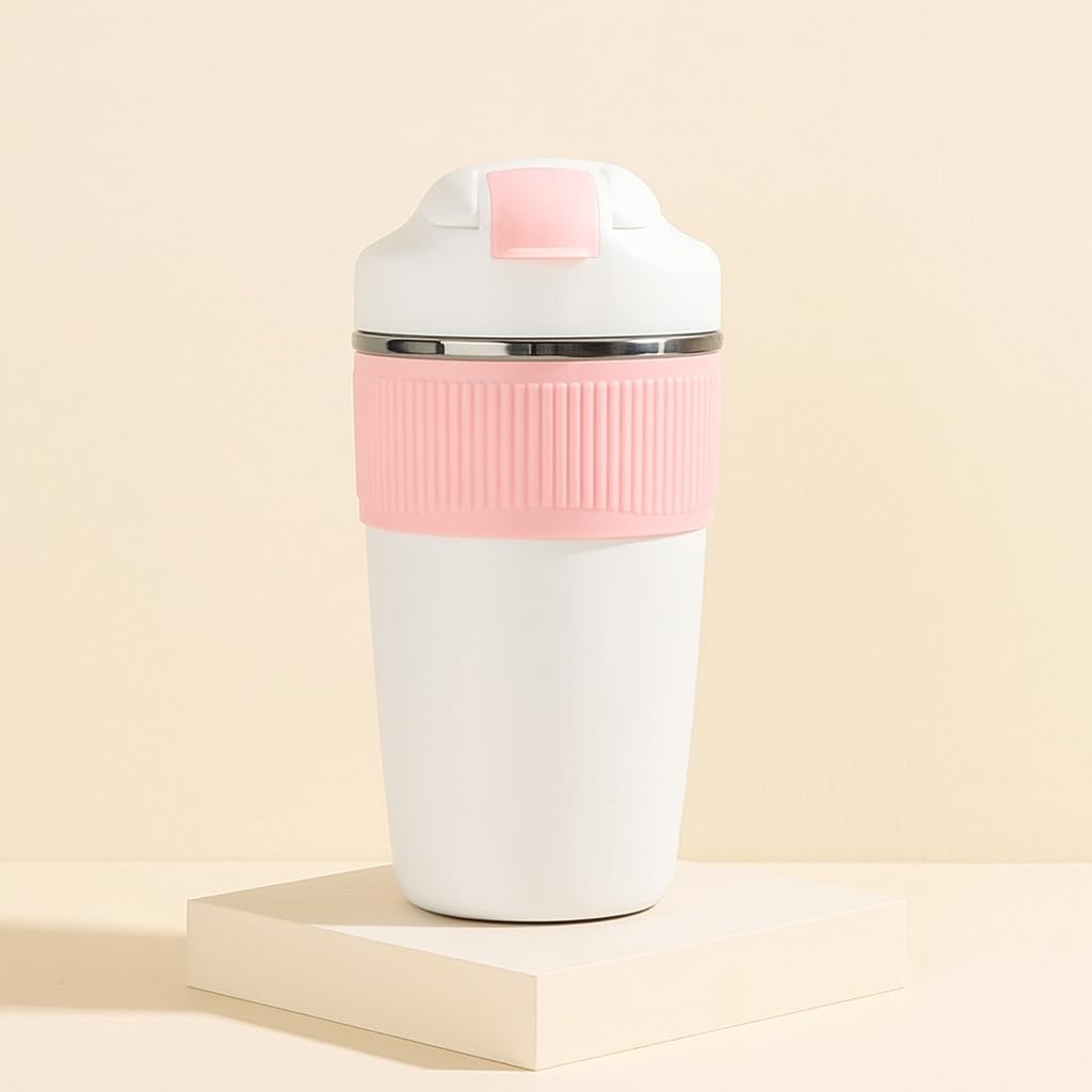 YELONA Macaroon 480 ML Double Wall Insulated Travel Coffee Tumbler Mug Sipper Thermos with 2in1 Flip Up Inbuilt Straw and Sip Lid, Leak Proof (Cherry Blossom)
