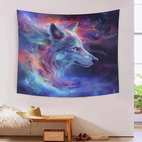 Tapisserie loup 3D effet multicolore grand format 180x230cm pour deco de chambre