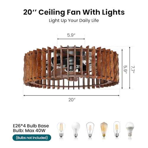 Image of 20 inch Flush Mount Ceiling Fan with Light, Wooden Caged Low Profile Fandelier with Remote, 6-Speed Reversible Bladeless Fan, Farmhouse Ceiling Fan for Bedroom, Kitchen, Living Room