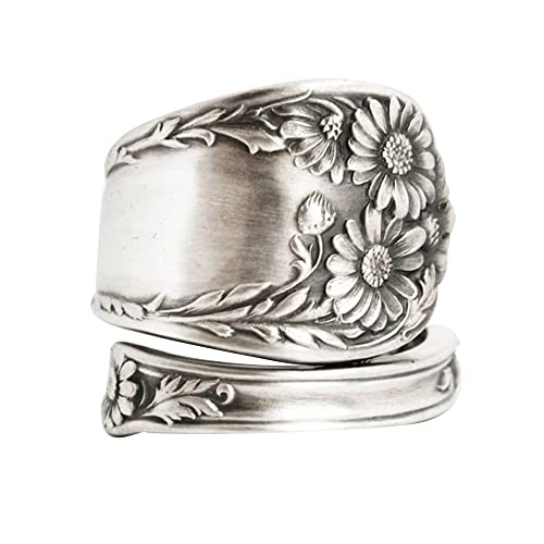 OIDIMS Sunflower Spoon Adjustable Rings Promise Wedding Engagement Statement Boho Vintage Finger Open Ring Extendable Wrap Bands for Women Men Retro Comfort Fit Jewelry