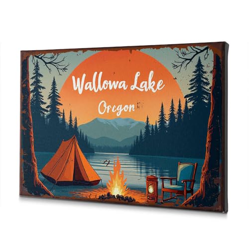 Tableau de camping au lac déco nature pour camping-car et chalet rustique 30x40cm