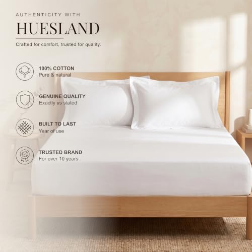 Image of Huesland 300 TC Premium 100% Pure Cotton Luxe Soft Touch Fitted Double Size Bedsheet Cotton with 2 Pillow Covers | White | 60 x 78 Inches