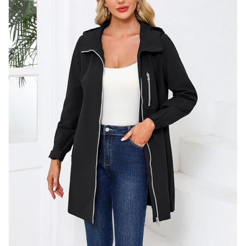 Women's Hooded Rain Jackets Waterproof Outerwear Fall Casual Anoraks Hood Thigh Length Pockets Long Full Zip Coat2