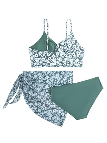 Image of Girl's 3 Piece Bikini Set Floral Print Front Knot Swimwear Bathing Suit with Wrap Cover Up Skirts Green 12Y