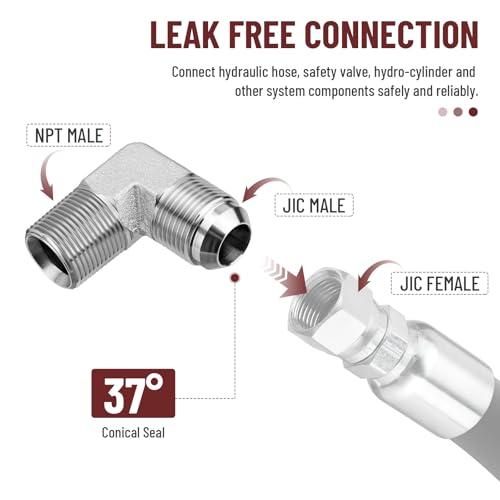Image of 90 Elbow Hydraulic Adapter Fitting: 3 /4 inch JIC Male x 3 /4 inch NPT Male | 5 Pack Carbon Steel Hydraulic Hose Crimp Connectors with Protective Covers for Hydraulic Applications - 2501-12-12
