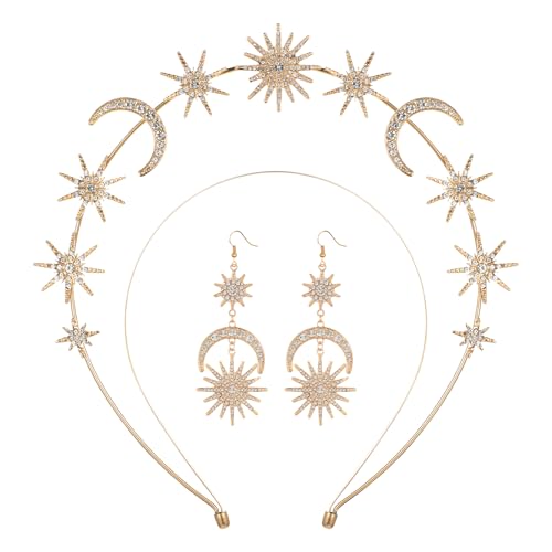 Diadema dorada de doble capa, accesorios dorados para el cabello, diadema de cuento de hadas de cristal, estrella de diamantes de imitación con aretes, tocado dorado de diosa de la Vía Láctea para