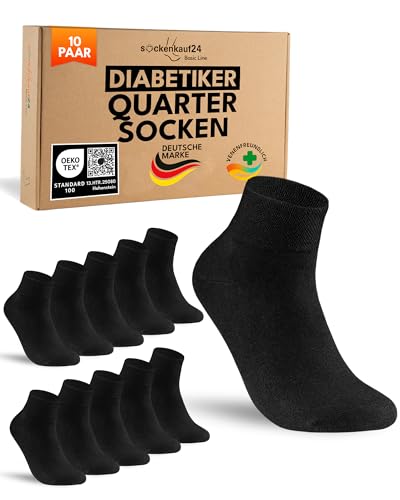 sockenkauf24 10 Paar kurze Diabetikersocken Damen ohne Gummibund & ohne Naht Quarter Diabetiker Socken Kurzschaft mit Komfortbund ohne Gummi (Schwarz 35-38)
