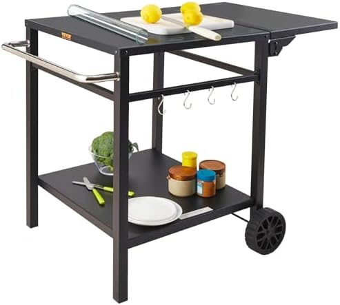 VEVOR Outdoor BBQ Dining Cart with Double Shelf, Mobile BBQ Food Prep Table, Multifunctional Folding Iron Table, Outdoor Modular Carts