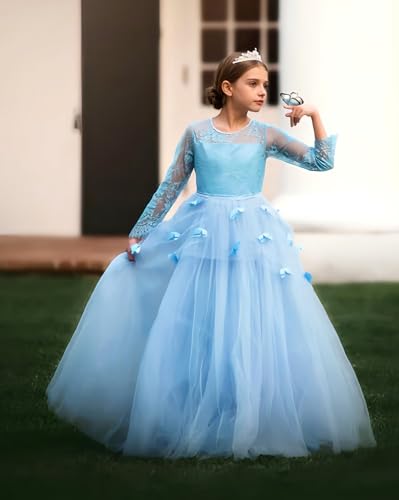 Long Sleeve Flower Girl Dress 3D Butterflies First Communion Dresses Lace Applique Ball Gown Pageant Dress4