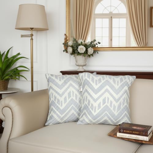 Image of STITCHNEST 'QuadraNest' Series Printed Quilted Velvet Cushion Cover 16x16 Inch Set of 2 | Premium Soft Fabric, Washable & Fade Resistant | Decorative Living Room Cushion Covers | Grey & Ivory Zigzag