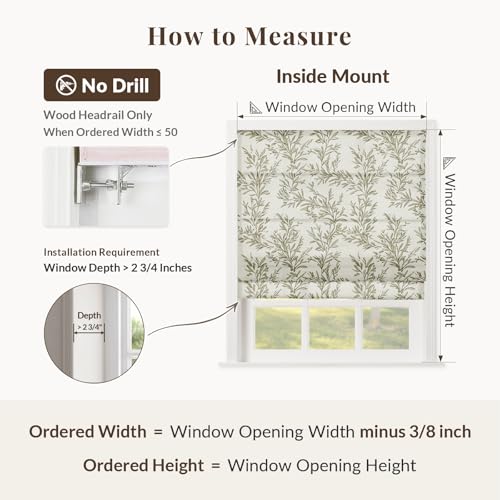 Image of TWOPAGES No Drill Cordless Vintage Leaf Print Roman Shades Linen Textured Roman Blinds for Windows, Custom Made Room Darkening Light Filtering Roman Window Shades, Stone, 1 Piece