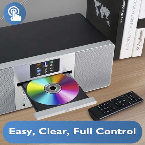 Image of MS1 CD Player, FM Radio, Bluetooth Streaming, Powerful Stereo HiFi System, Full Colour Display, 60 Presets, Remote, Acoustic Wooden Cabinet, AUX in, USB Playback and Charging, HP Jack, Black