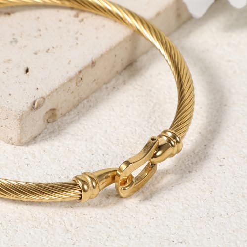 Stylish Stainless Steel Twisted Cable Wire Bracelet Gold Adjustable Hook Clasp Bangle for Women Trendy Vintage Cuff Jewelry Birthday Anniversary Party Wedding Everyday Wear3
