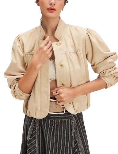 Wanzetaly Women's Faux Suede Jacket Casual Oversized Leather Coat with Pocket Button Bomber Jacket