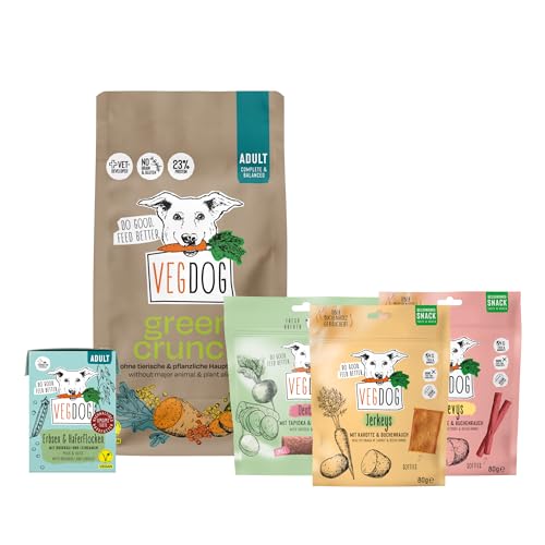 VEGDOG Green Power Probierbundle mit hypoallergenem Alleinfutter und Snacks Einsteiger Paket mit Green Crunch Adult Nassfutter im Tetra Pak sowie Snacks Dentals Beevys und Jerkeys