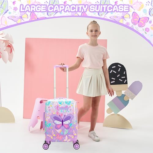 Image of Kids Luggage with Spinner Wheels Carry on Suitcases for Girls 2 Piece Luggage Sets 16 inch Toddler Suitcase for Kids Rolling Suitcase Airline Approved (Purple Butterfly)
