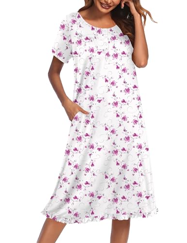 Ekouaer Nightgowns for Women with Pockets Button Front Short Sleeve House Dresses Floral Print Mumu Dress, Pink Floral, M