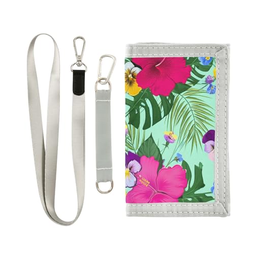 Hibiscus Pansies Lightgreen Kids Wallet for Boys Girls Trifold Outdoor Sport Wallets for Children Youth Teen Wallet with Zippered Coin Pockets Card Holders Front Pocket Wallets with Magic Sticker