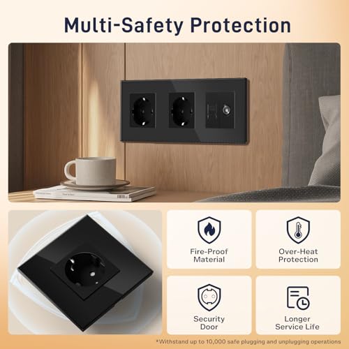 BSEED Schuko Steckdose mit 1/2 PC mit TV Schwarz Glas Panel Steckdose Glas TV antenna coaxial and RJ55 Cat5e Ethernet 16 Amp Steckdose 228mm Doppelt Wandsteckdose Verlängerungssteckdosen