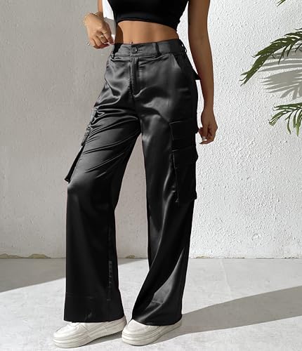 Women's Satin Cargo Wide Leg Pants Silky Party Dressy Casual Pocketed Pant Long Trouser3