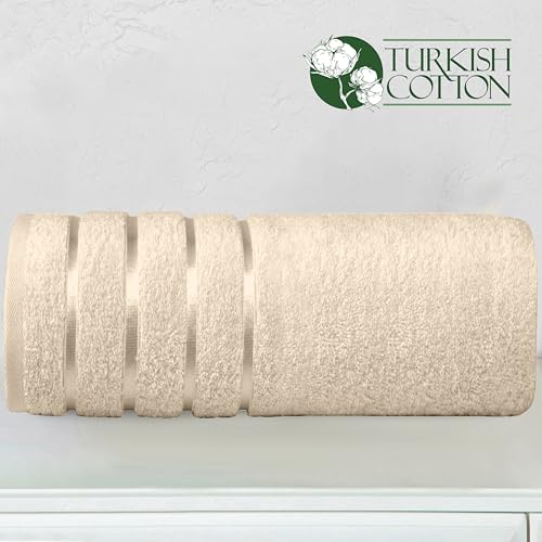 Image of Elegant Comfort 100% Turkish Cotton 4 Lines Viscose Stripe Jumbo Bath Towel - Hotel Spa Quality Extra Large 35 x 70 Inch Bath Towel Ultra Soft, Super Absorbent Quick Dry Large Bath Towel, Ivory