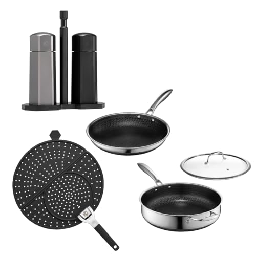 Image of HexClad Hybrid Nonstick 6-Piece Cookware Set, Splatter Screen, 10" Pan, 4.5-Qt Sauté Pan with Lid, and Tabletop Salt and Pepper Grinder Set, Stay-Cool Handles, Dishwasher and Oven-Safe, Induction Read