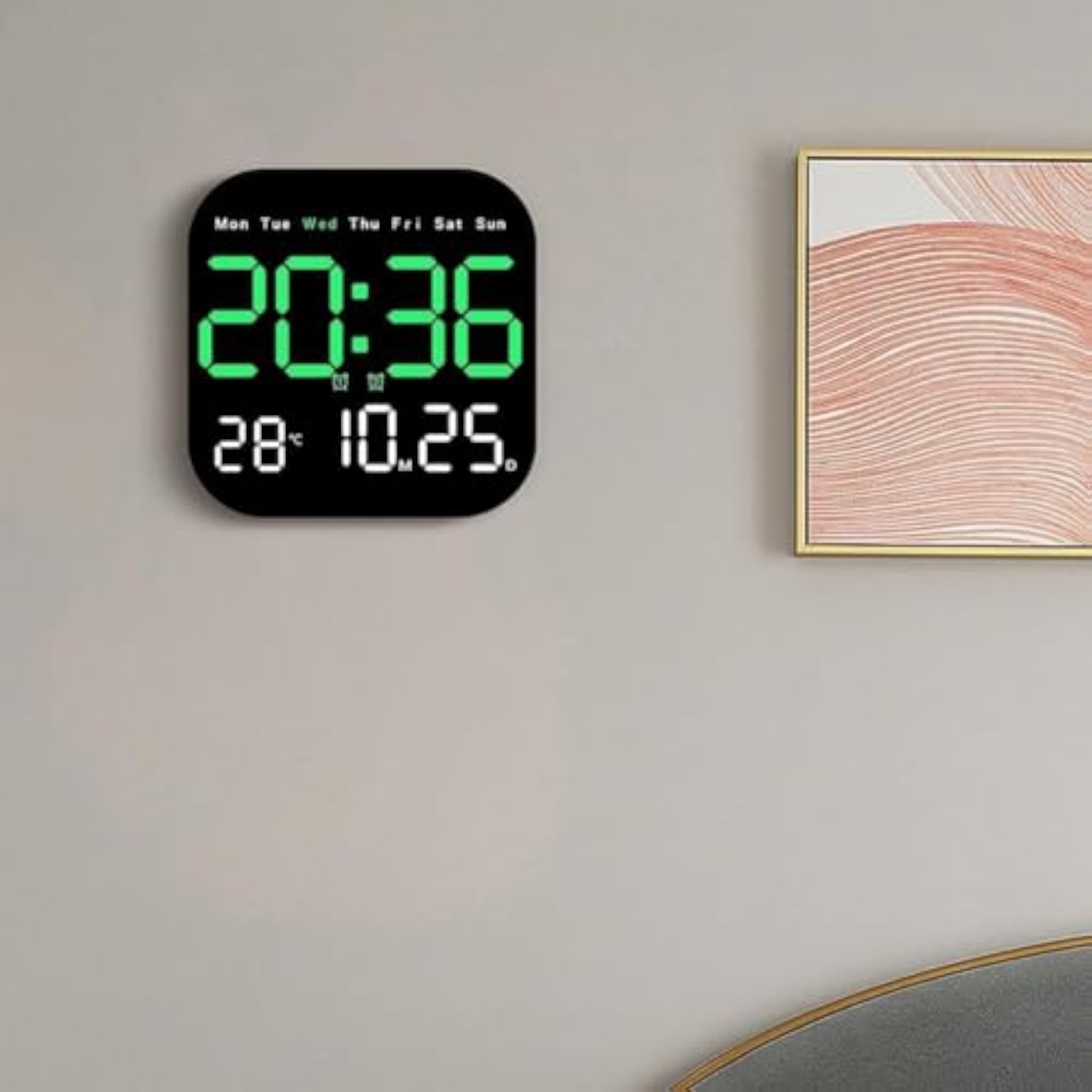 Large Digital Wall Clock with LED Display, Green Digits