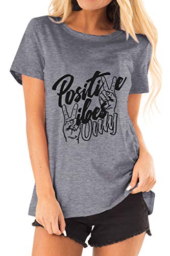 Acun Positive Vibes Short Sleeve Women Graphic Tshirts Vintage Tee Shirts with Sayings (4-Grey,X-Large)