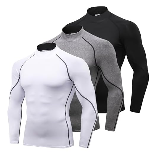 YUSHOW 3 Pack Compression Tops for Men Long Sleeve Mens Running Top Quick Dry Turtleneck Base Layer Top for Gym Sports Fitness Workout Cycling Football Training T-Shirts, Black+grey+white, XL