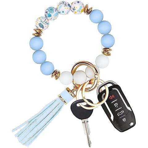 Manlosen Key Ring Bracelet Car Keychain Holder Wristlet Silicone Women Beaded Bangle Chains Cover