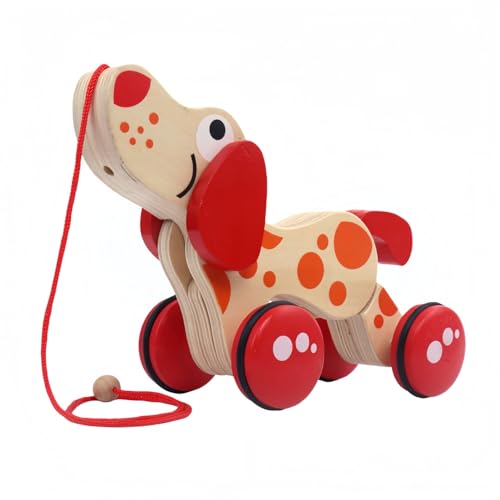 木製ウォークアロングプルトイ・子犬デザイン | 天然木&水性塗料使用・ひも付き | 幼児向け発達支援おもちゃ | 男の子・女の子対応