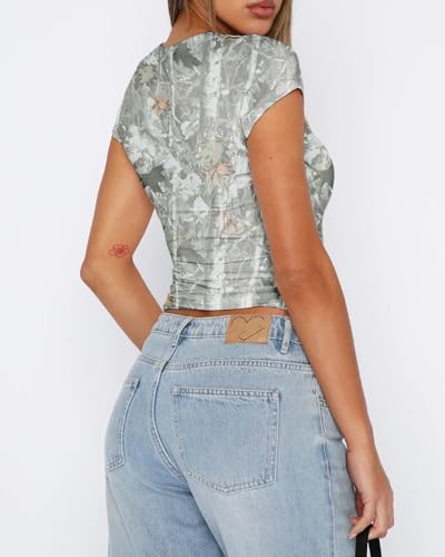 BAIGRAM Women Camo Shirt Short Sleeve Fitted Maple Leaf Print Crop Tops Cute Graphic Tees Vintage Y2K Going Out Summer2