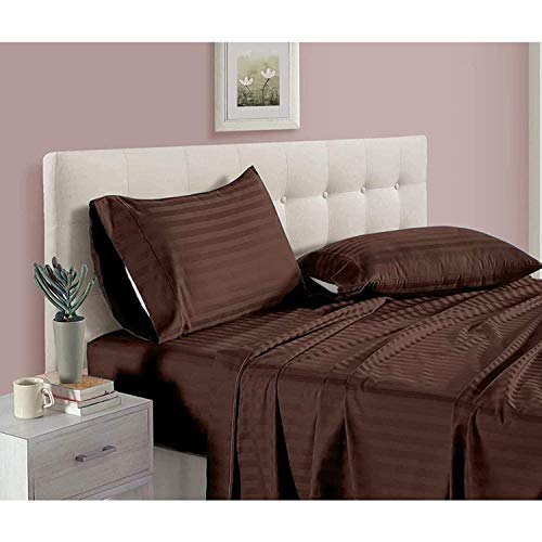 Image of YKC Glace Cotton Satin Striped Plain Color King Size Bedsheet for Double Bed with Two Pillow Covers (Coffee - 90 x 100 Inch)