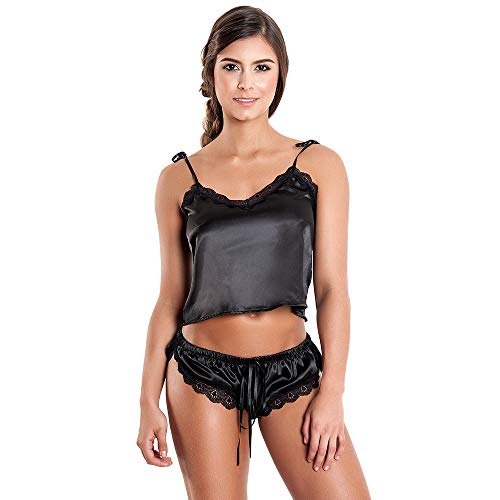 Besame Babydoll Women Sexy Lingerie Shiny Satin Lace Sleepwear Set (Black - XLarge)