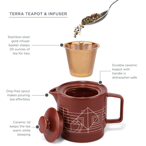 Image of Tea Forte Ceramic Teapot with Infuser, Frank Lloyd Wright, 20 oz | Sienna Etched Ceramic Teapot & Lid - Gold Loose Leaf Tea Infuser - Microwave & Dishwasher Safe