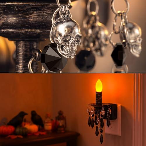 Image of Briignite Halloween Chandelier Night Light Plug in, Dusk to Dawn, Gothic | Dimmable Brightness Night Lights Plug into Wall, Amber Warm Glow, Skull Candlestick, Bathroom Bedroom Hallway Halloween Decor