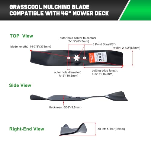 Grasscool LT1045 Mulching Blades Set for Cub Cadet LT1046 Toro LX460 LX465 Troy Bilt GTX2446 LTX2146 46\'\' Deck Riding Mower Lawn Tractor Replace for 942-04125 942-04124 942-0611 942-0612 942-0616