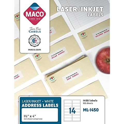 MACO Laser/Ink Jet White Address Labels, 1-1/2" x 4", 14 per Sheet, 1400 per Box (ML-1450) Cover